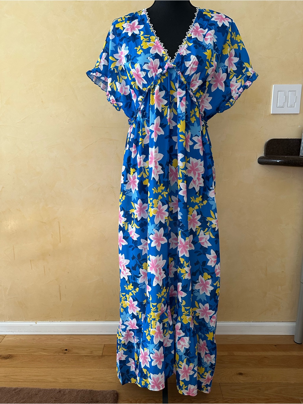 Anna Kay Blue Floral Maxi Dress With Pink & Yellow Flowers. Fits S And M